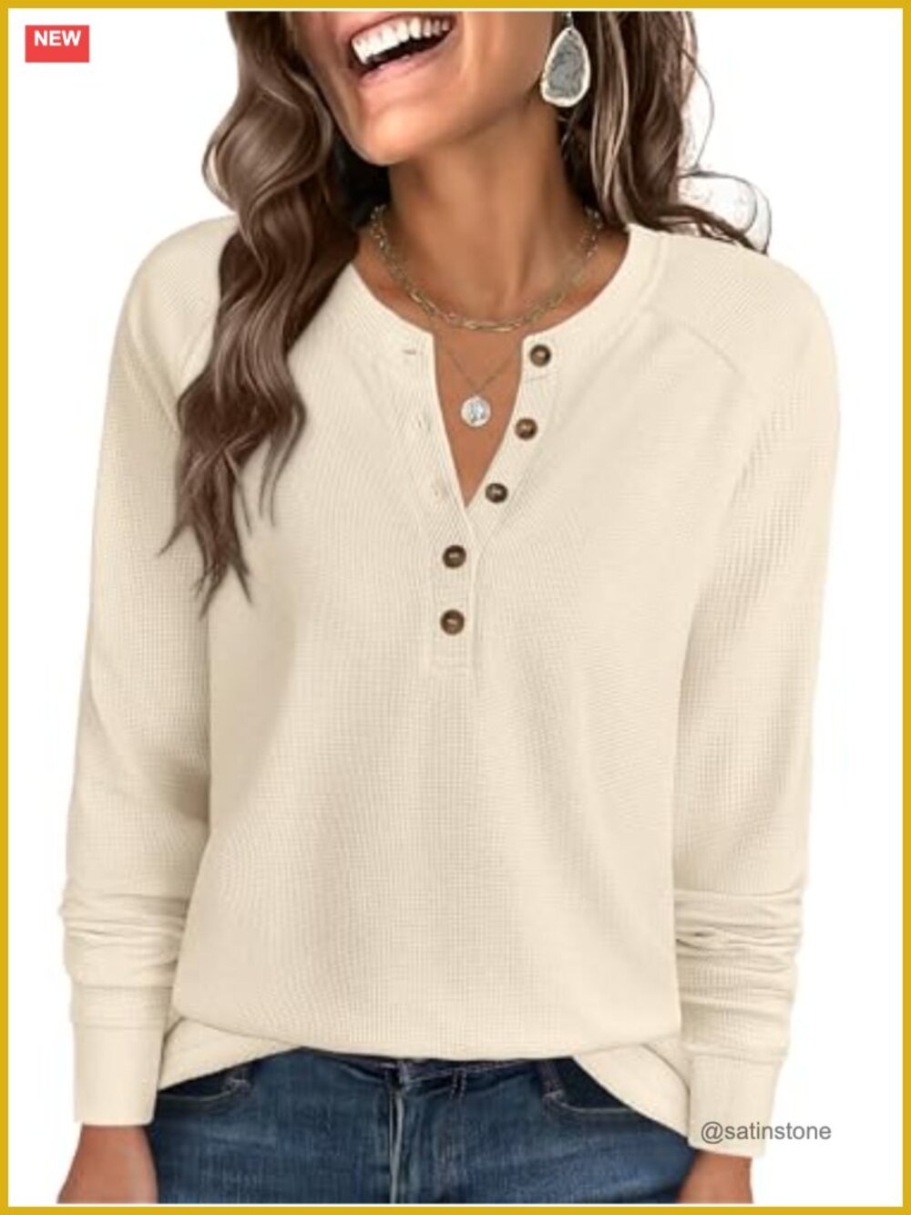 Women's Waffle Knit Henley Top Long Sleeve V-Neck Loose Fit Blouse Buttons
